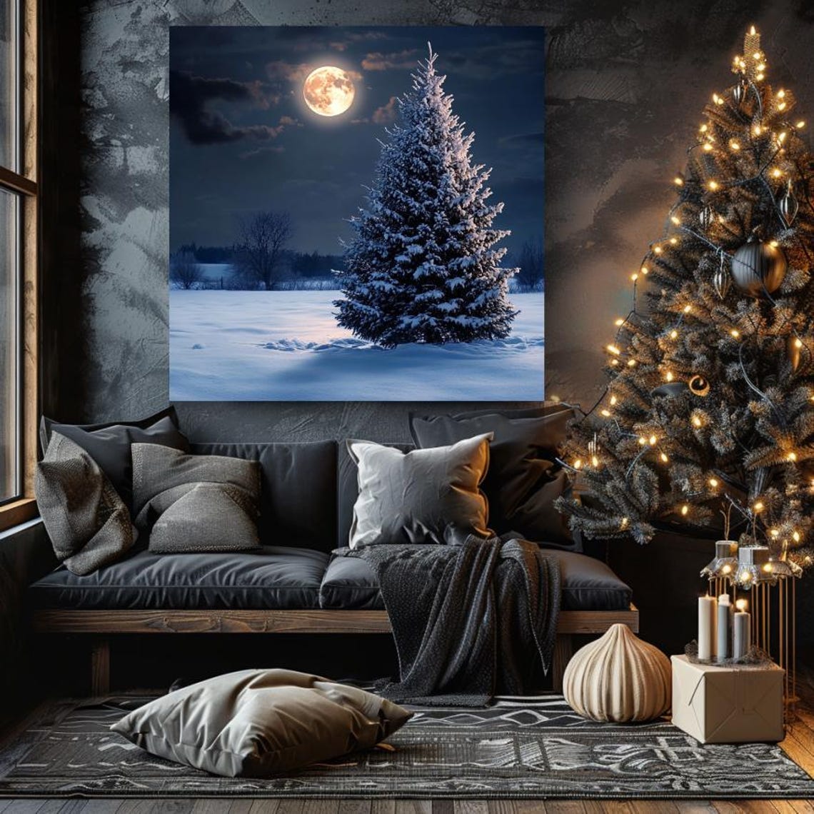 Snow Covered Pine Under Full Moon Quiet Still Winter Night Poster - Image 4