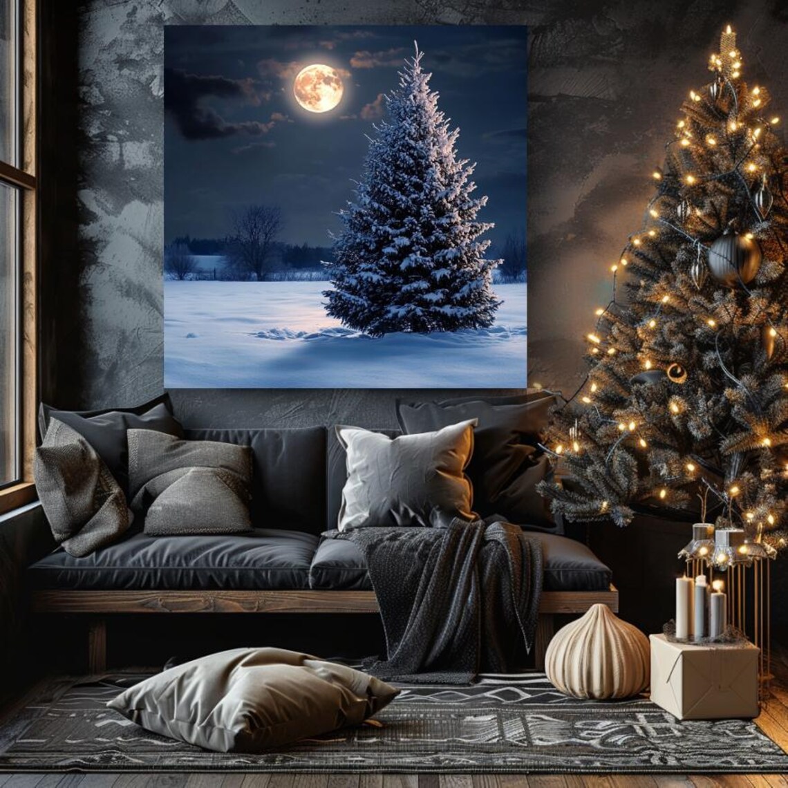 Snowy Winter Tree Wall Art Living Room Ready To Hang Extra Large Wall Art Mystical Full Moon Winter Wall Art - Image 4