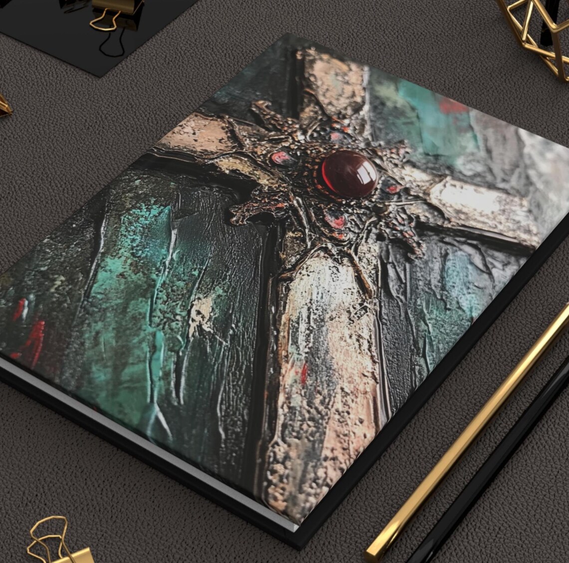 Ornate Vintage Cross with Red Gemstone Hardcover Journal Art Print - Image 2