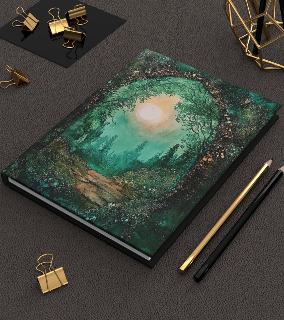 Emerald Forest Path Under Glowing Moon Hardcover Journal Art Print - Image 4