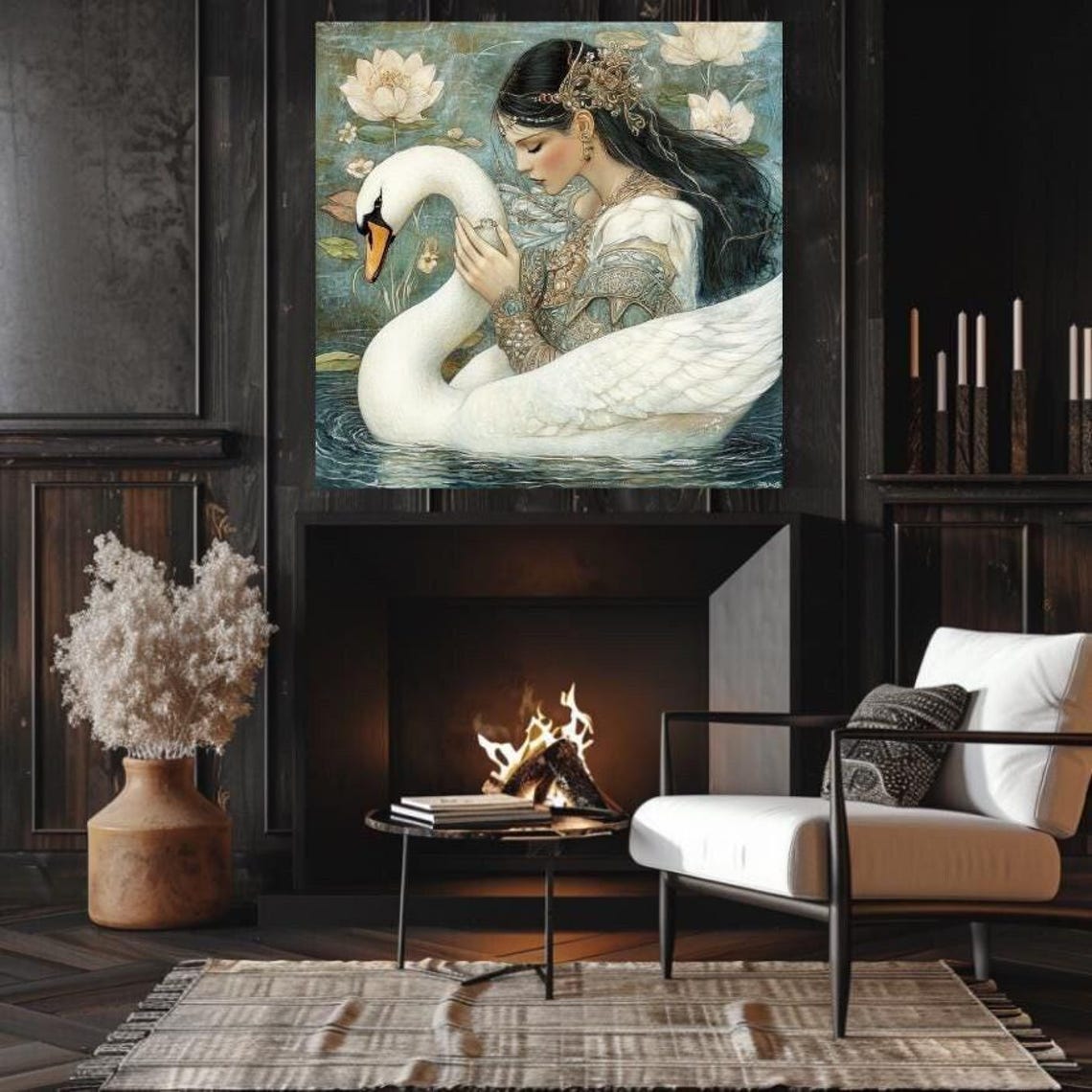 Ethereal Goddess Embracing White Swan on Lotus Lake Art Poster