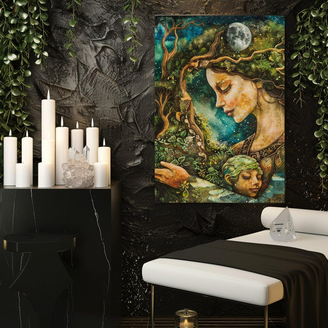 Mother Gaia Earth Goddess Tree Woman Beneath Moonlight Art Poster - Image 2