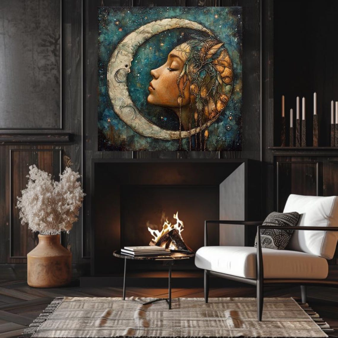 Moon Goddess Profile With Crescent Moon Headdress Gold Poster - Image 2