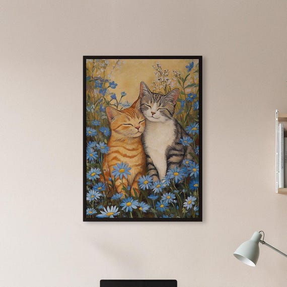 Framed Cat Couple Wall Art Print Romantic Cats In Daisy Field Painting Cute Animal Poster Gift For Pet Lovers Or Whimsical Cozy Spaces