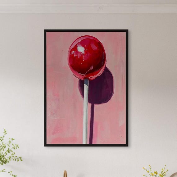 Framed Red Lollipop Wall Art Print Glossy Candy Pop Poster On Pink Modern Sweet Food Decor Gift For Kitchen Cafe Or Teen Girl Room
