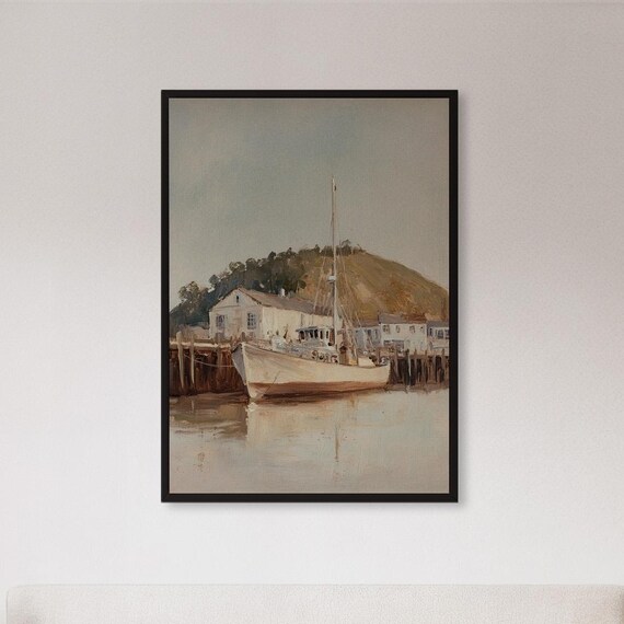 Neutral Harbor Boat Dock Vintage Coastal Seaside Painting Poster