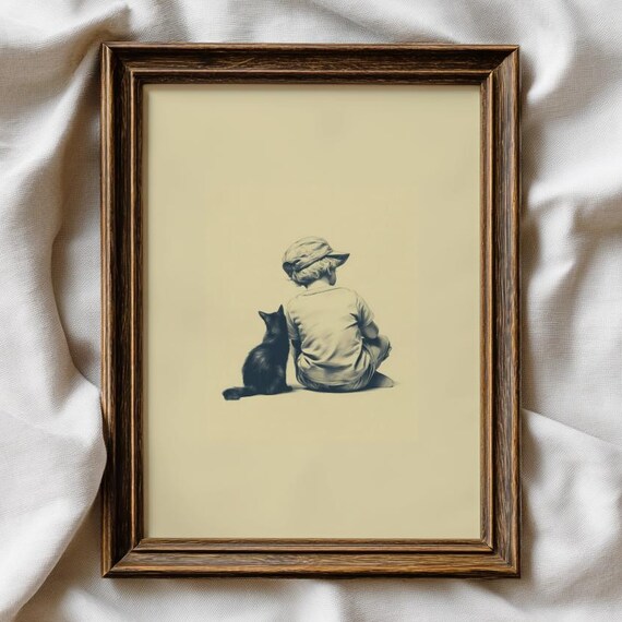 Boy and Black Cat Companions From Behind Pencil Sketch Print