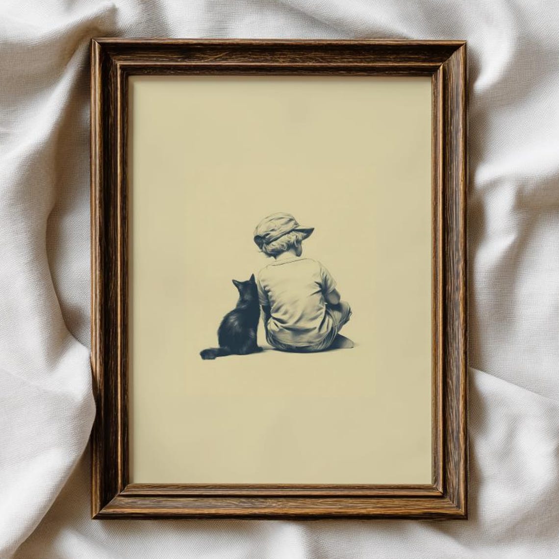 Boy and Black Cat Companions From Behind Pencil Sketch Print