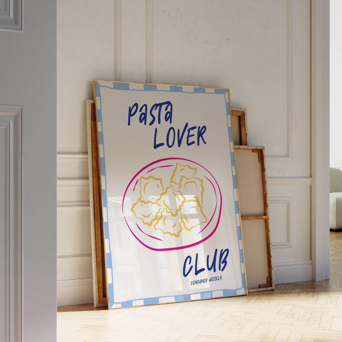 Pasta Lover Club Fun Ravioli Plate Checkered Border Kitchen Poster