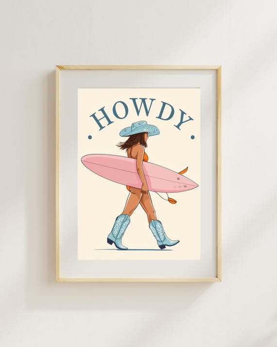 Howdy Western Cowgirl Wall Art Surf Girl Poster Retro Country Beach Decor Summer Boho Illustration
