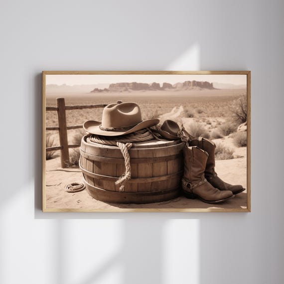Cowboy Hat And Boots Wall Art Rustic Western Still Life Print Vintage Desert Home Decor