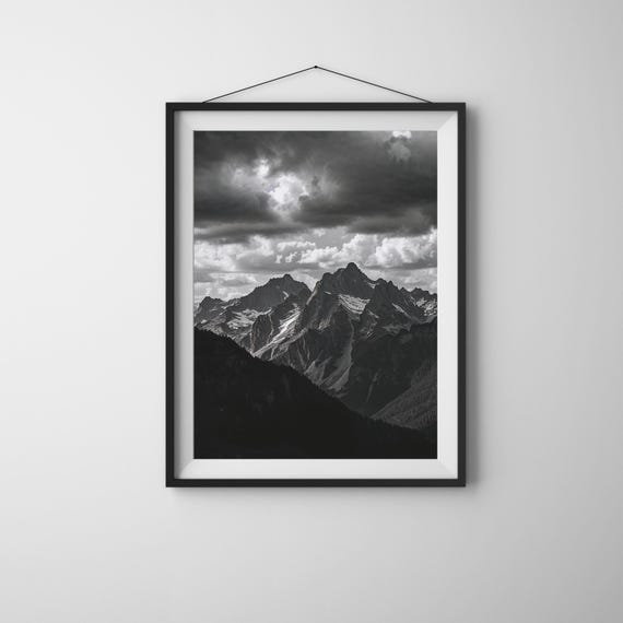 Black And White Mountain Landscape Print Dramatic Peaks Photography Monochrome Nature Wall Art Poster