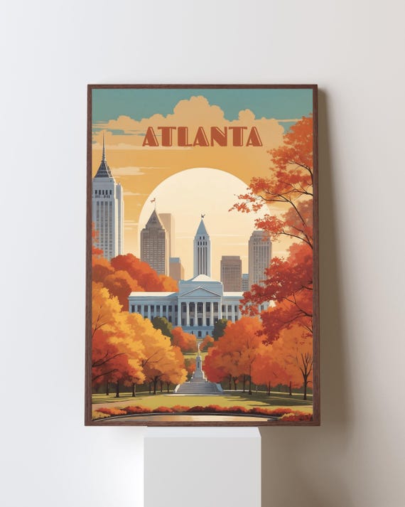 Atlanta Retro Travel Poster Skyline Autumn Sunset Georgia Art