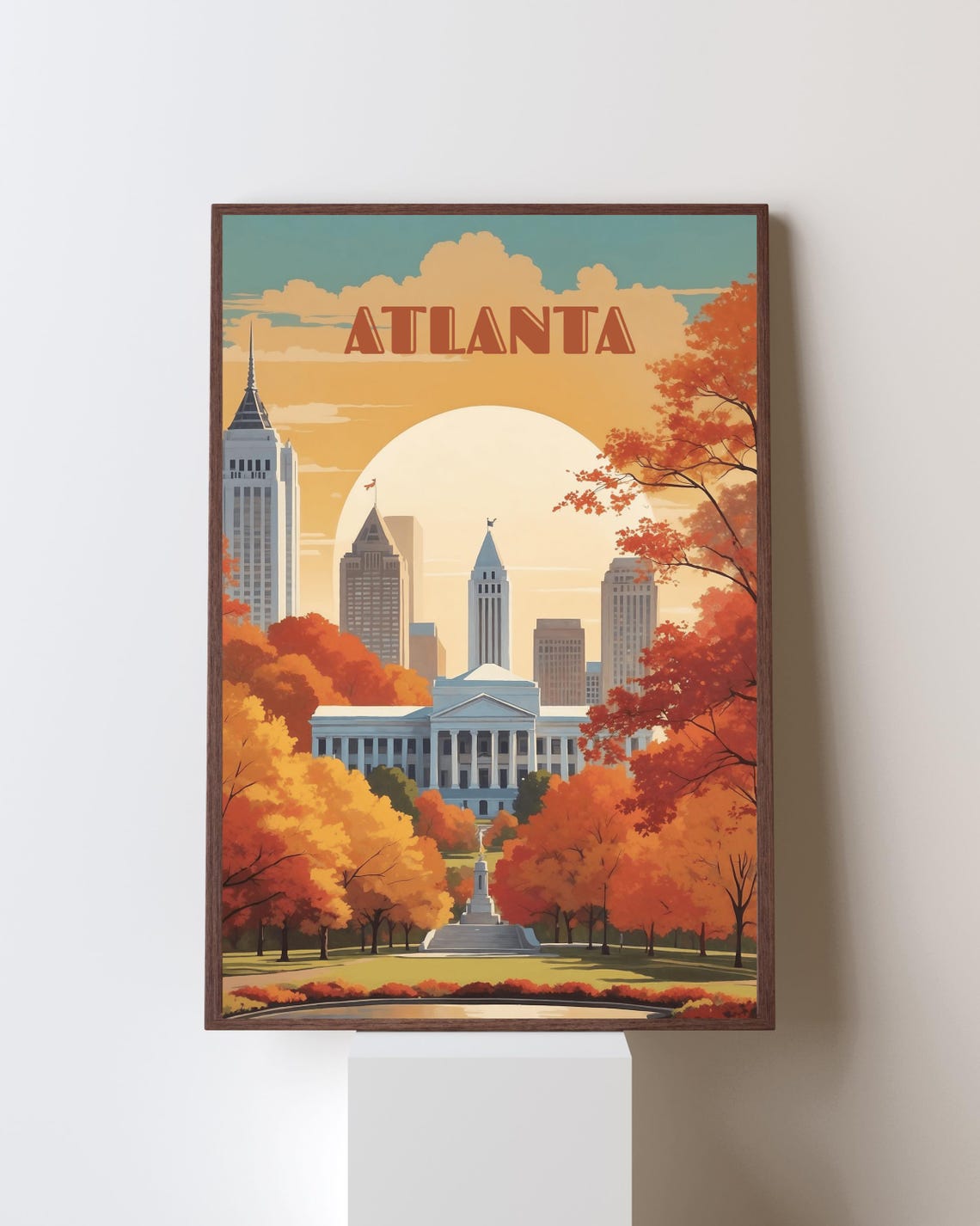 Atlanta Retro Travel Poster Skyline Autumn Sunset Georgia Art