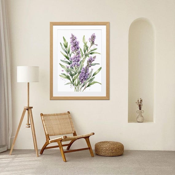 Lavender Herb Wall Art Watercolor Botanical Print Minimalist Kitchen Decor Instant Png