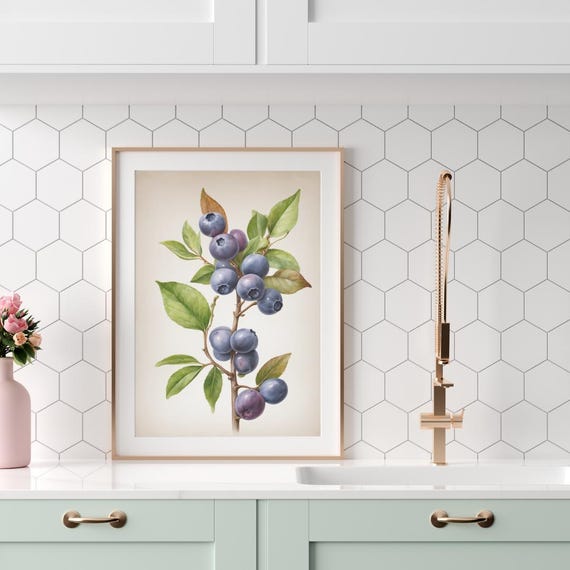 Blueberry Twig Wall Art Watercolor Botanical Berry Print Cottage Kitchen Decor Png