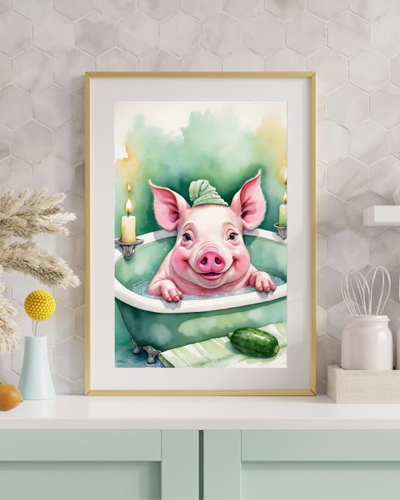 Funny Pig Bathroom Wall Art Watercolor Animal Print Decor