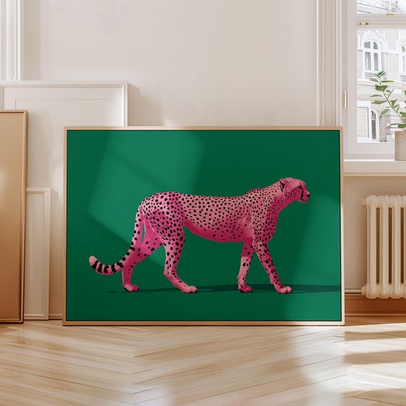 Pink Cheetah Horizontal Wall Art Bold Animal Print Dopamine Decor Poster Maximalist Sage Green