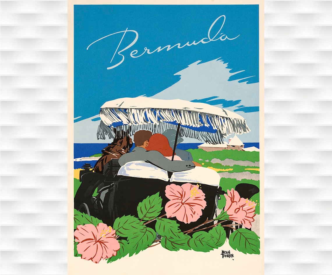 Bermuda Treidler Carriage Couple Hibiscus Vintage Island Travel Poster