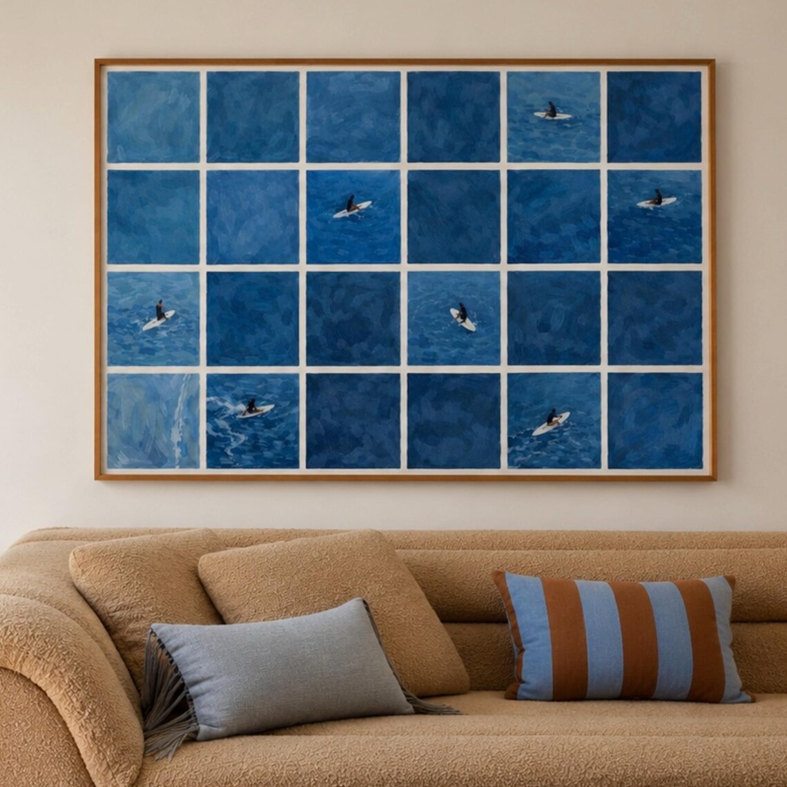 Blue Ocean Grid Tiny Surfers Minimalist Coastal Surf Art Poster