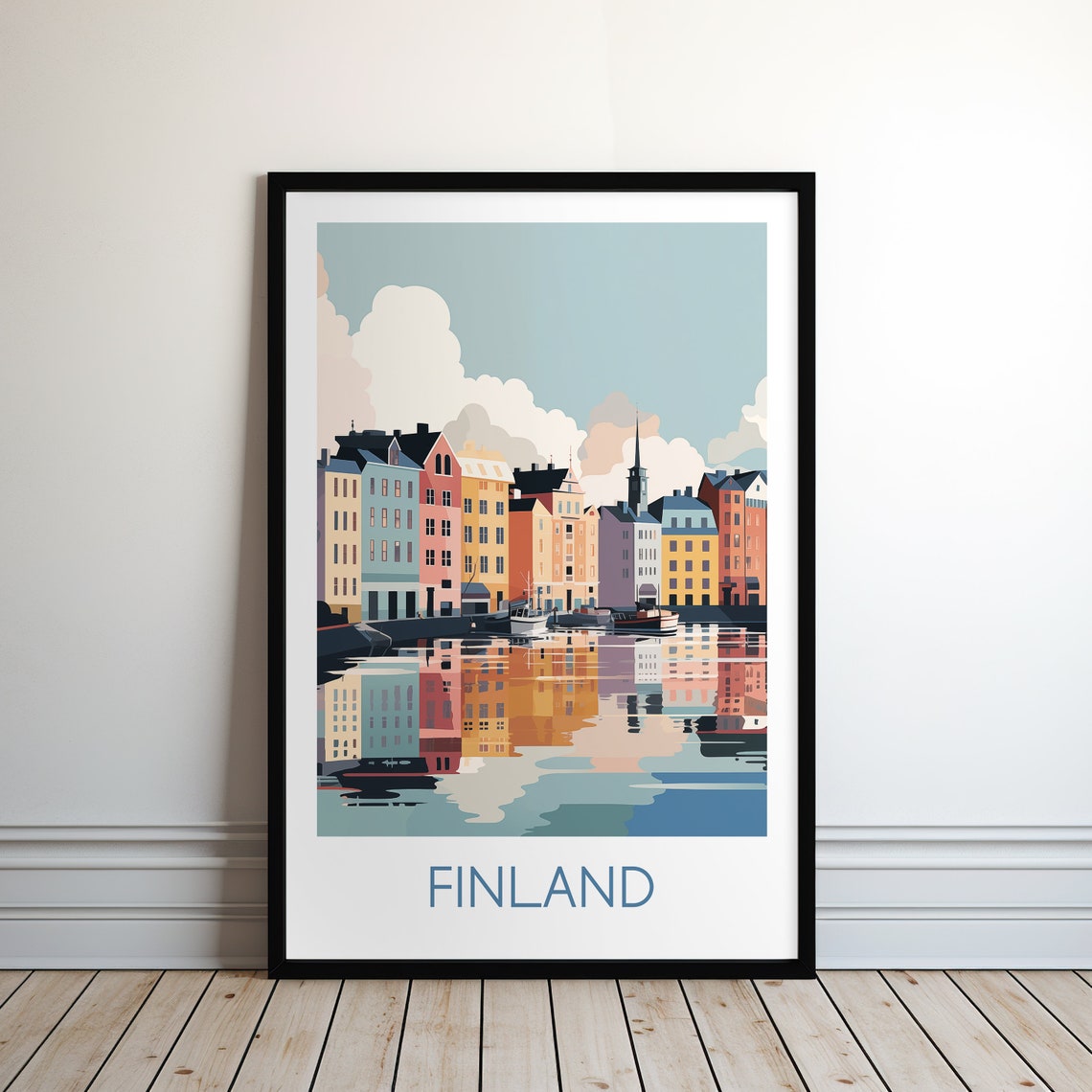 Finland Colorful Waterfront Houses Mirror Reflection Travel Poster