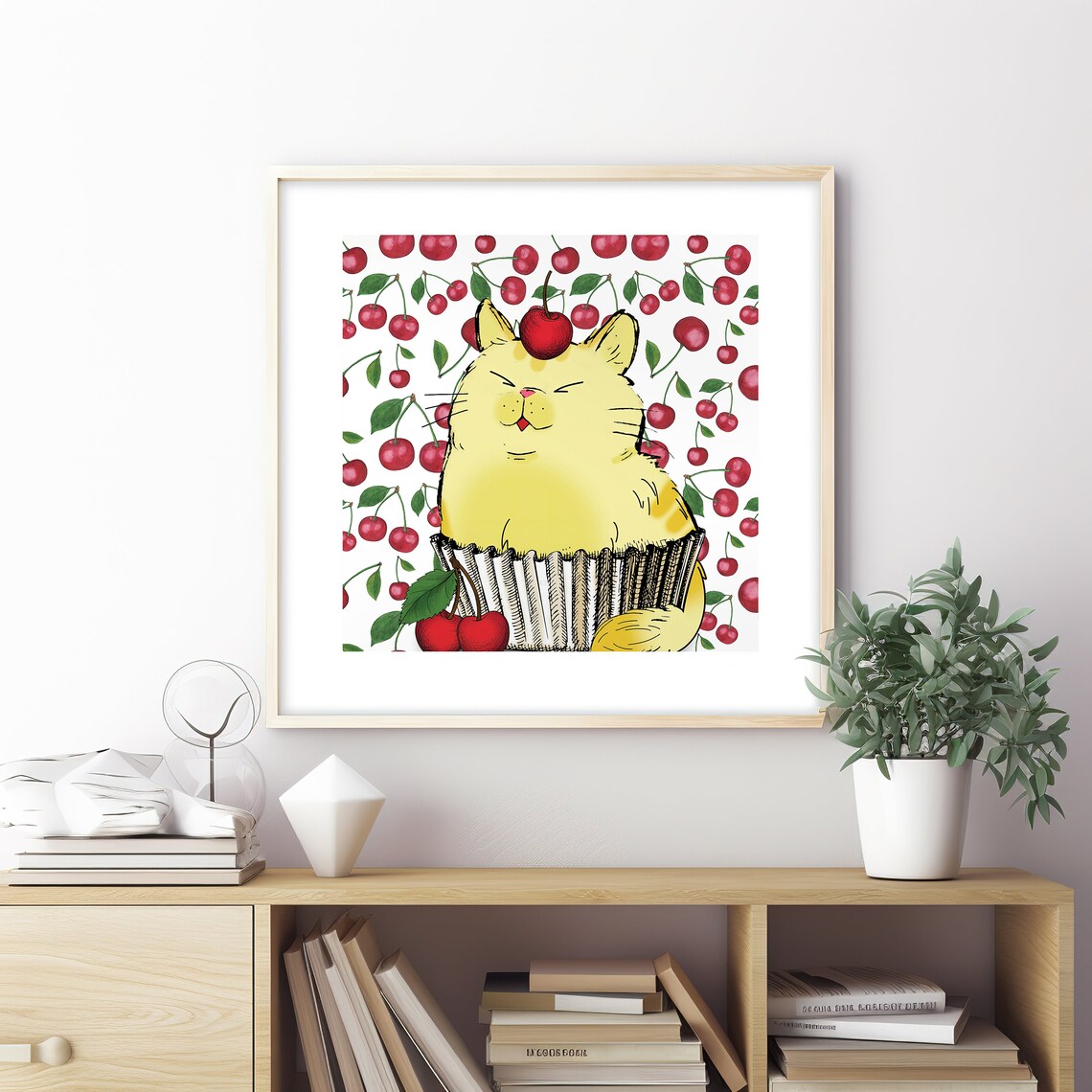 Cute Yellow Cat in Cupcake Cherry Sweet Funny Animal Art Poster - Image 2