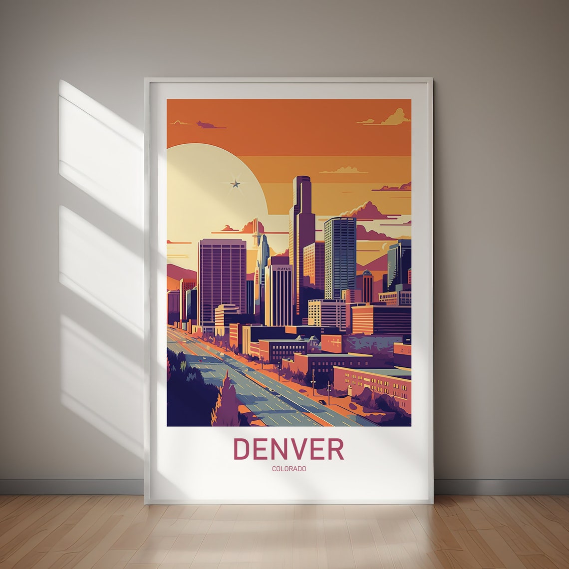Denver Colorado Skyline Sunset Highway Retro Travel Poster Artwork