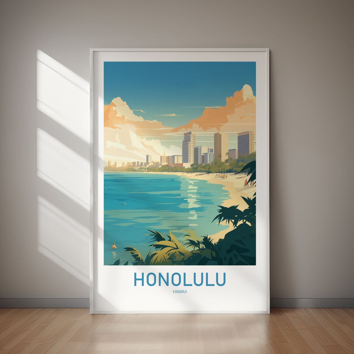 Honolulu Hawaii Beach Skyline Palm Trees Tropical Travel Poster