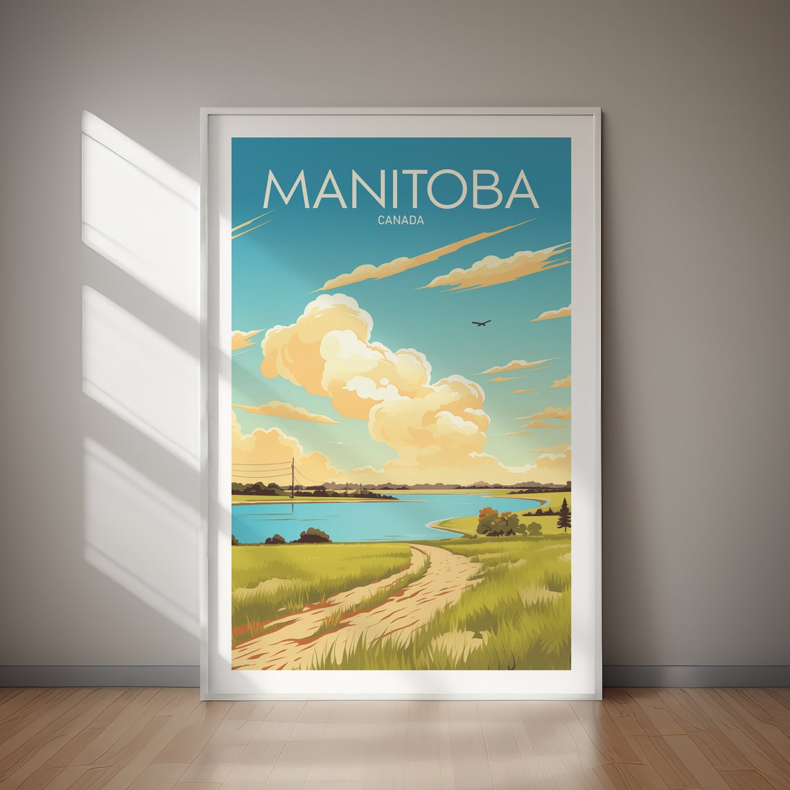 Manitoba Canada Prairie Lake Golden Clouds Retro Travel Poster