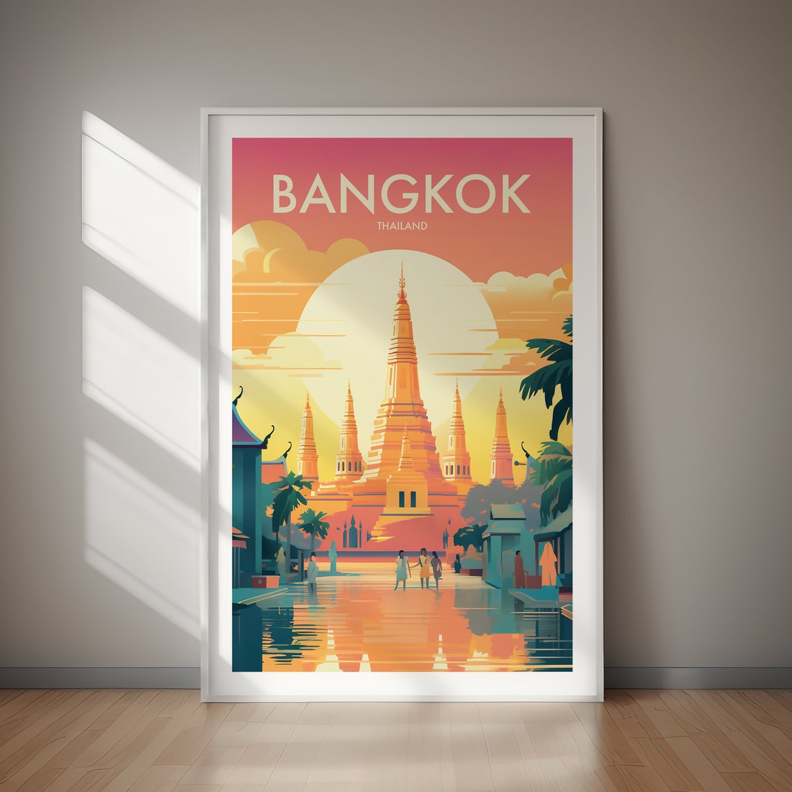 Bangkok Thailand Temple Skyline Sunset Vintage Travel Poster