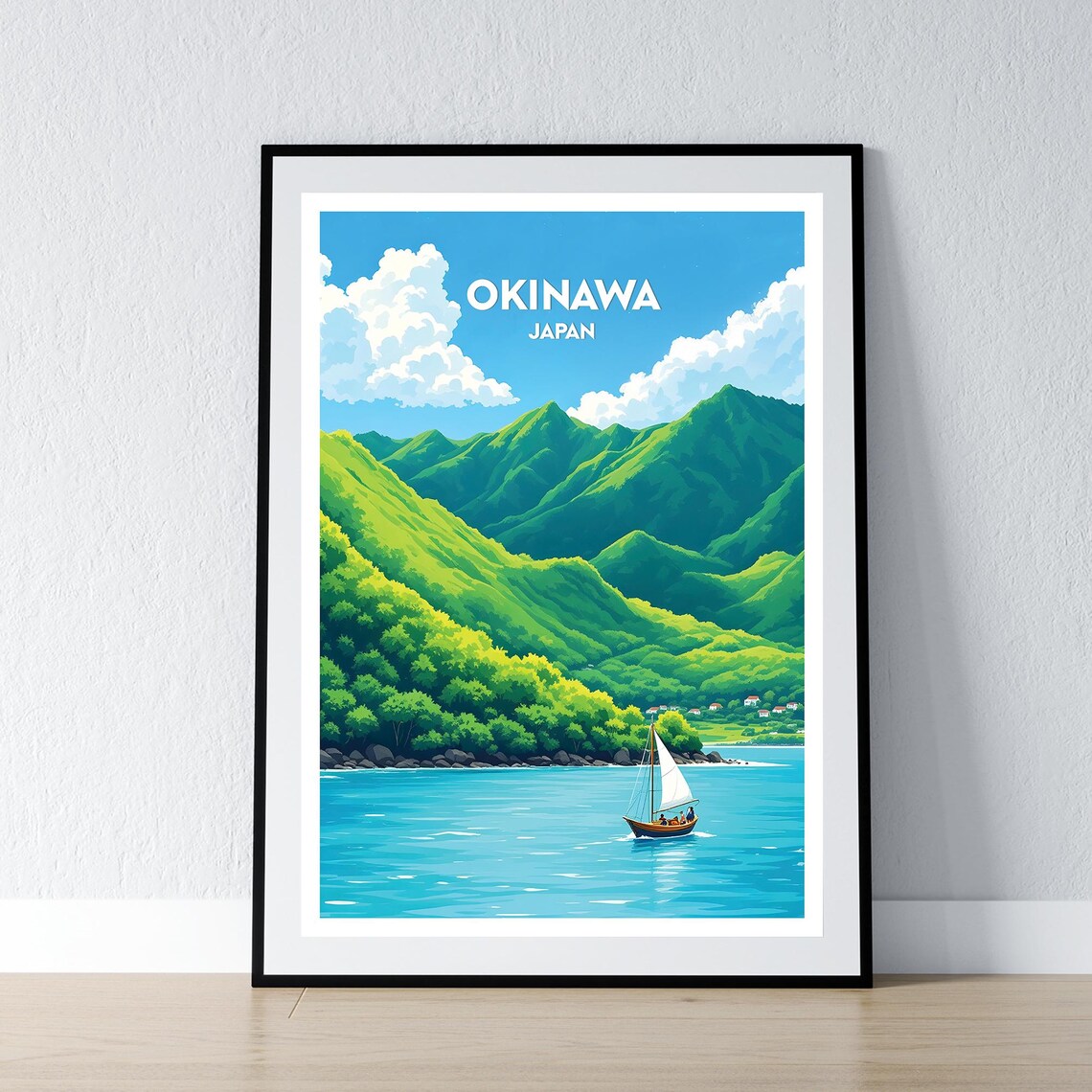 Okinawa Japan Sailboat Green Mountain Coast Travel Art Poster