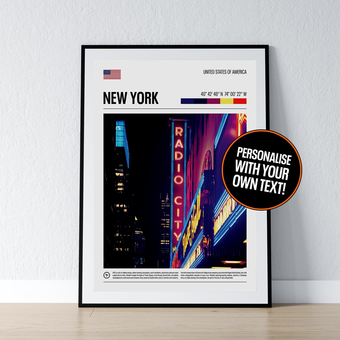 New York City Radio City Neon Signs Coordinates Travel Poster
