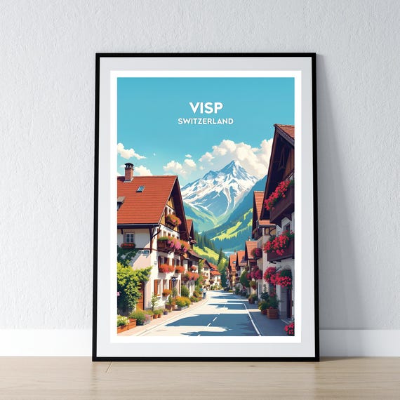 Visp Switzerland Poster Print Swiss Alps Wall Art Gift Travel Home Decor Illustration