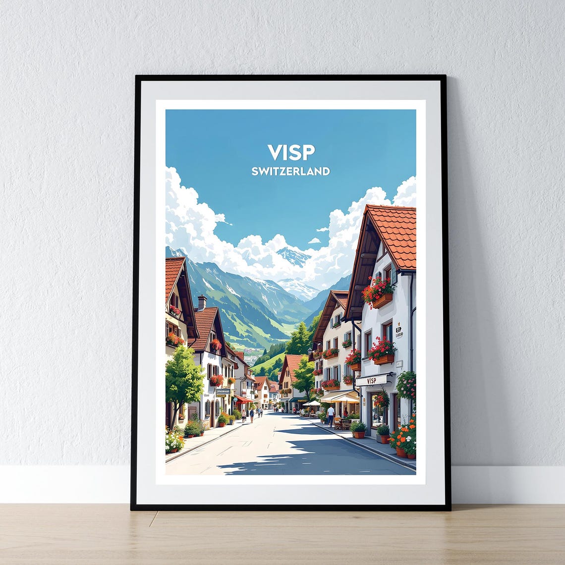 Visp Switzerland Charming Street Flowers Shops Alpine Travel Poster