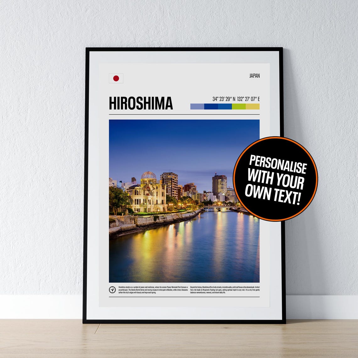 Hiroshima Japan Night River City Photo Coordinates Travel Poster
