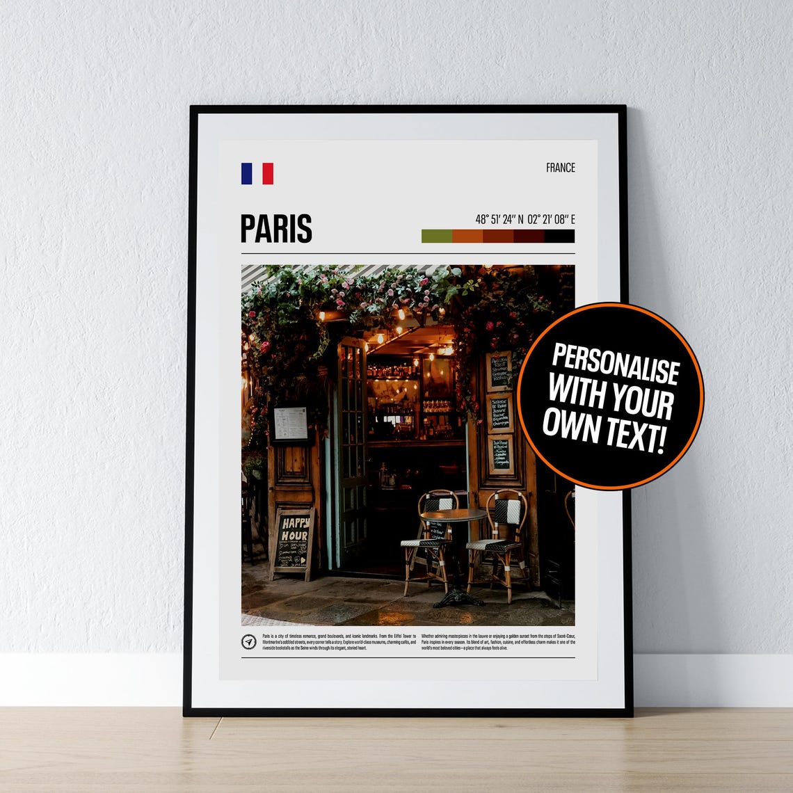 Paris France Charming Cafe Happy Hour Coordinates Travel Print