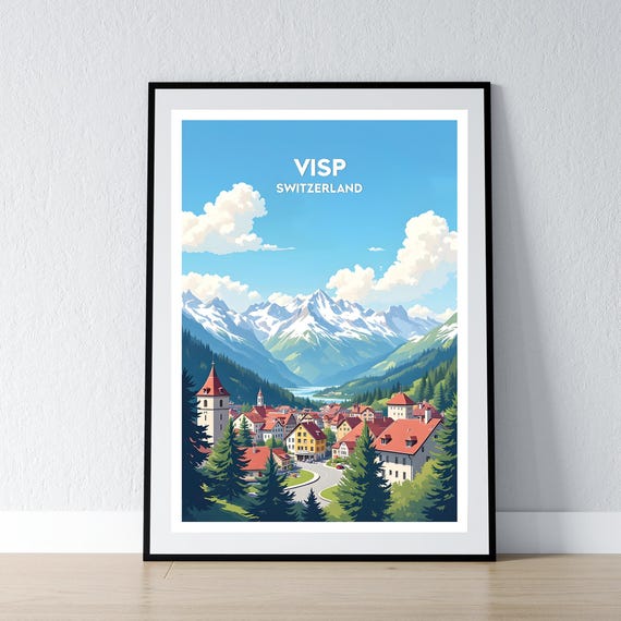 Visp Switzerland Poster Print Swiss Alps Wall Art Gift Travel Home Decor Illustration