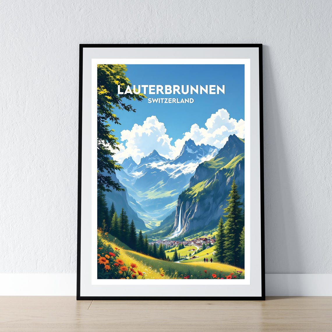 Lauterbrunnen Switzerland Waterfall Alpine Village Travel Poster