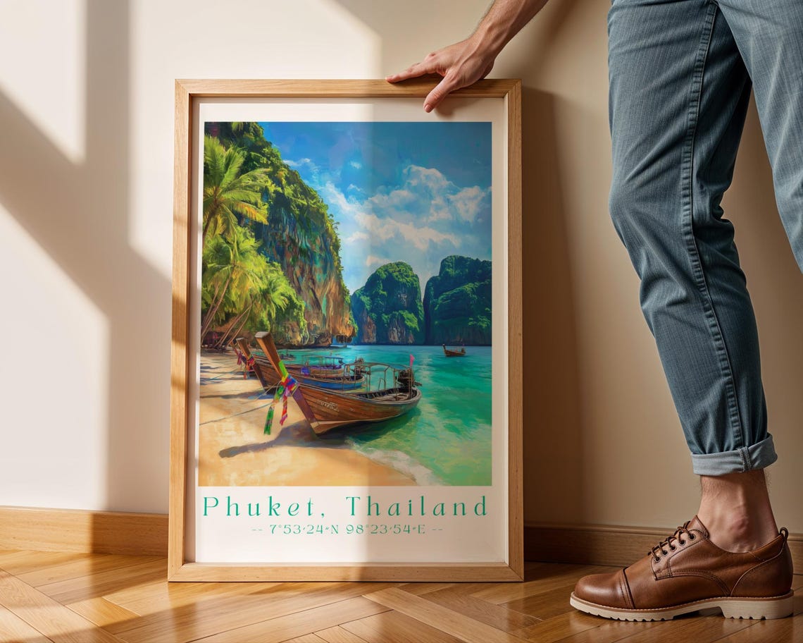 Phuket Thailand Longtail Boat Tropical Beach Vintage Travel Poster
