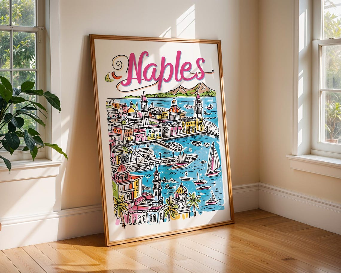 Naples Italy Colorful Doodle Harbor Cityscape Mediterranean Poster