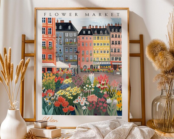 Wien Flower Market Colourful Austrian Cityscape Poster 2024 Art