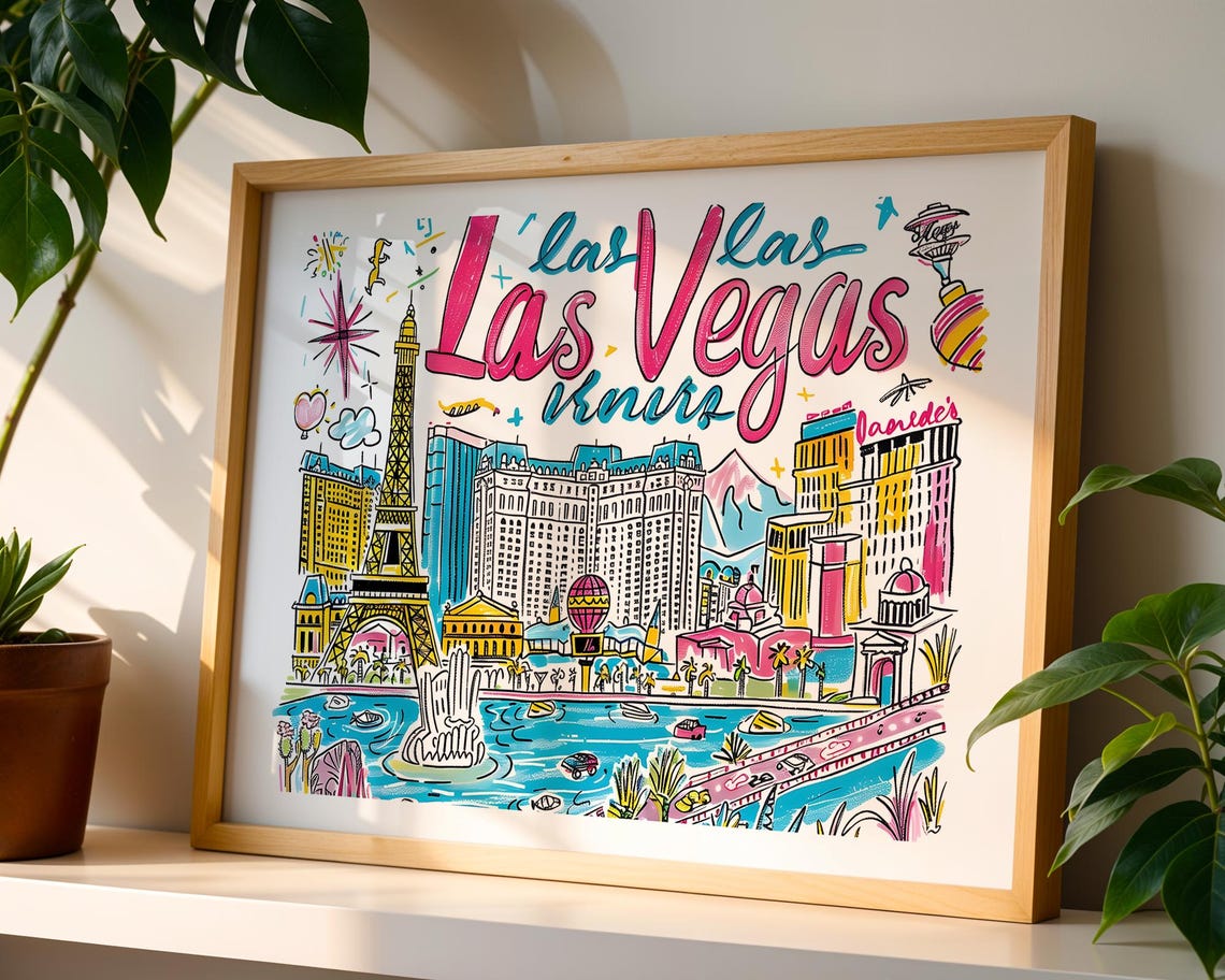Las Vegas Nevada Colorful Hand Drawn Strip Skyline Travel Poster