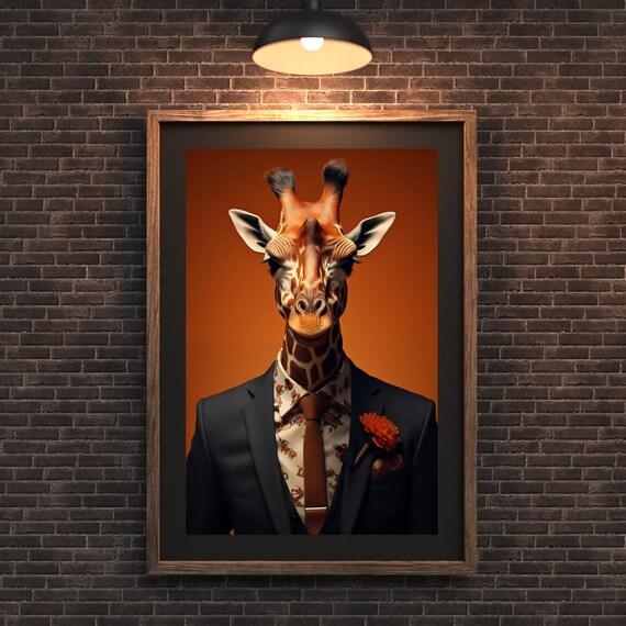 Giraffe In Suit Wall Art Floral Shirt Orange Tie Modern Anthropomorphic Animal Print