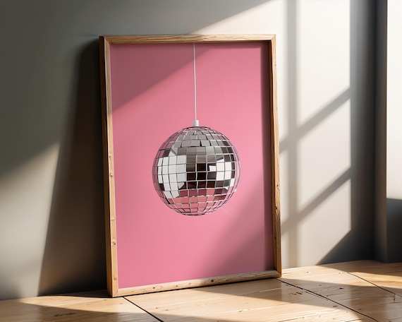 Silver Disco Ball Pink Background Minimalist Party Wall Poster