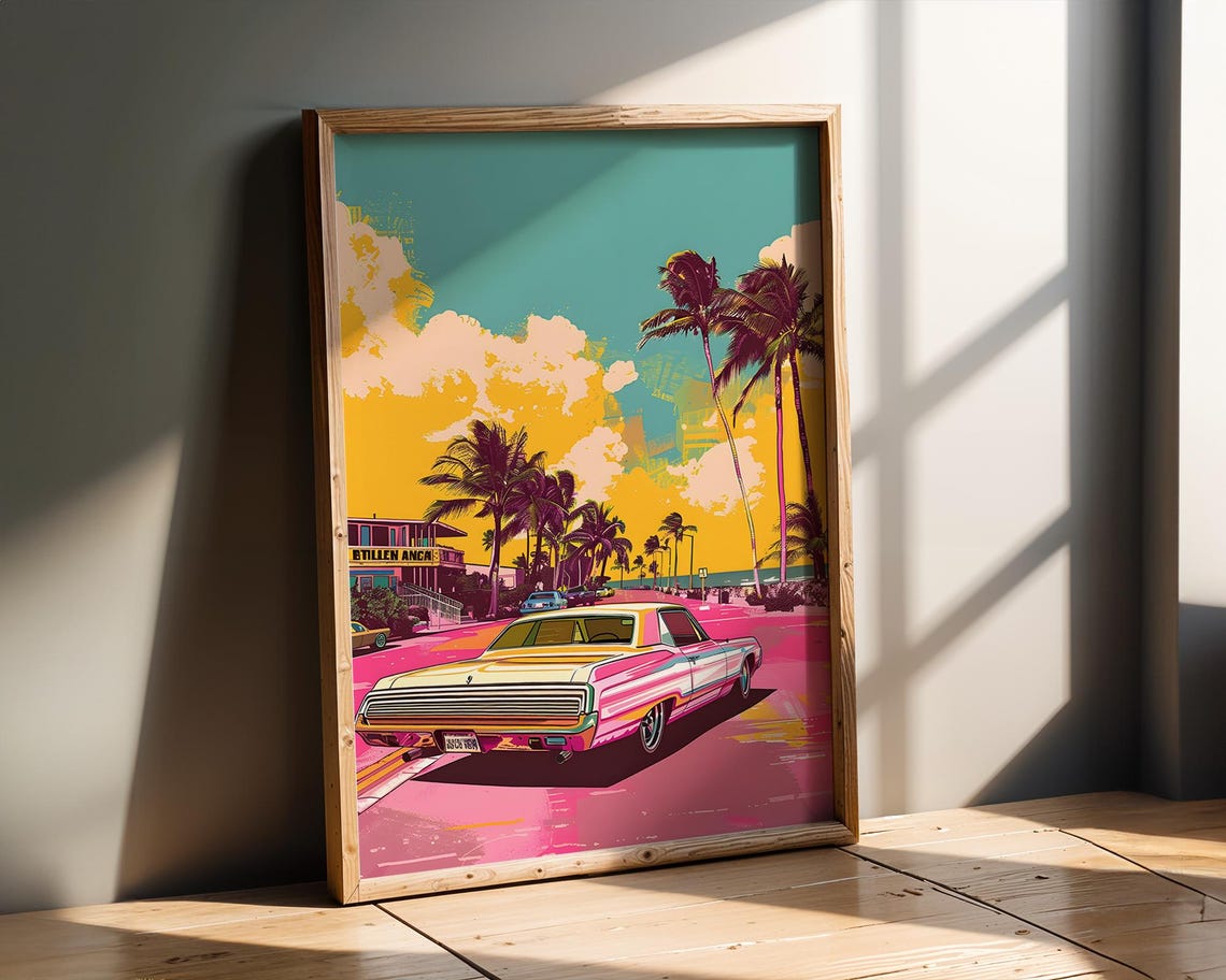 Vintage Classic Car Miami Beach Palm Tree Sunset Street Poster