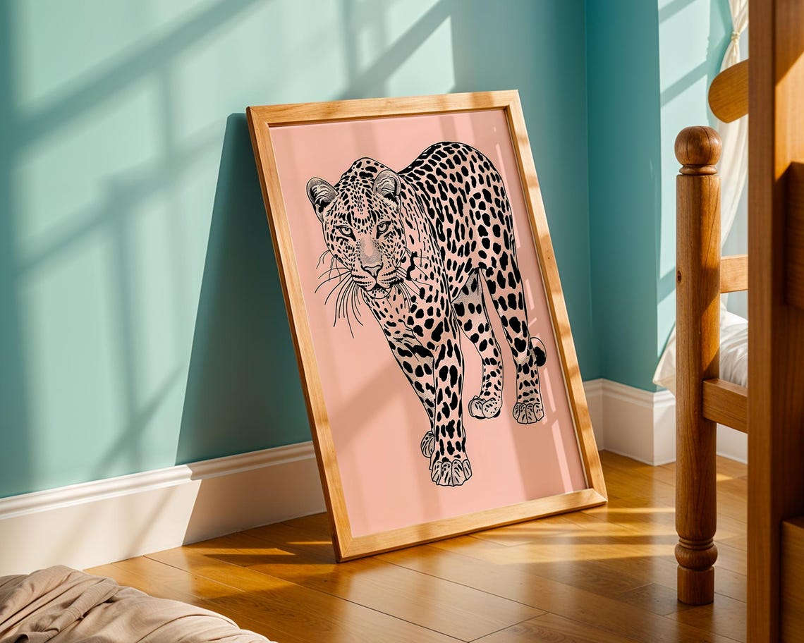 Minimalist Leopard Illustration Pink Jungle Cat Wildlife Wall Art