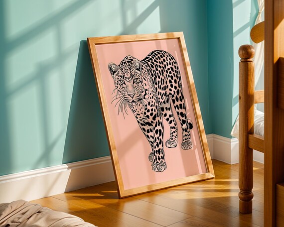 Minimalist Leopard Illustration Pink Jungle Cat Wildlife Wall Art