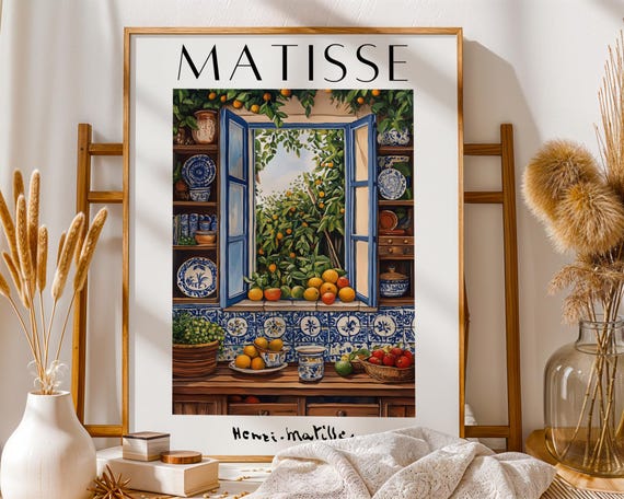 Henri Matisse Inspired Kitchen Wall Art Vibrant Fruit Print Boho Mediterranean Decor Open Window Poster Rustic Cottage Charm