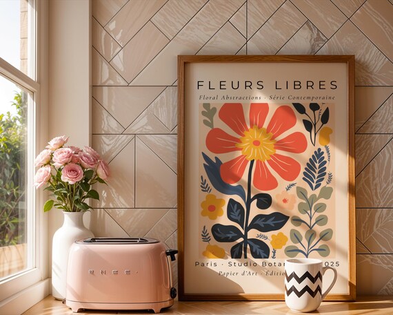 Whimsical Modern Floral Wall Art Oversized Abstract Botanical Poster In Coral Navy And Yellow Kitchen Bedroom Gift For Her