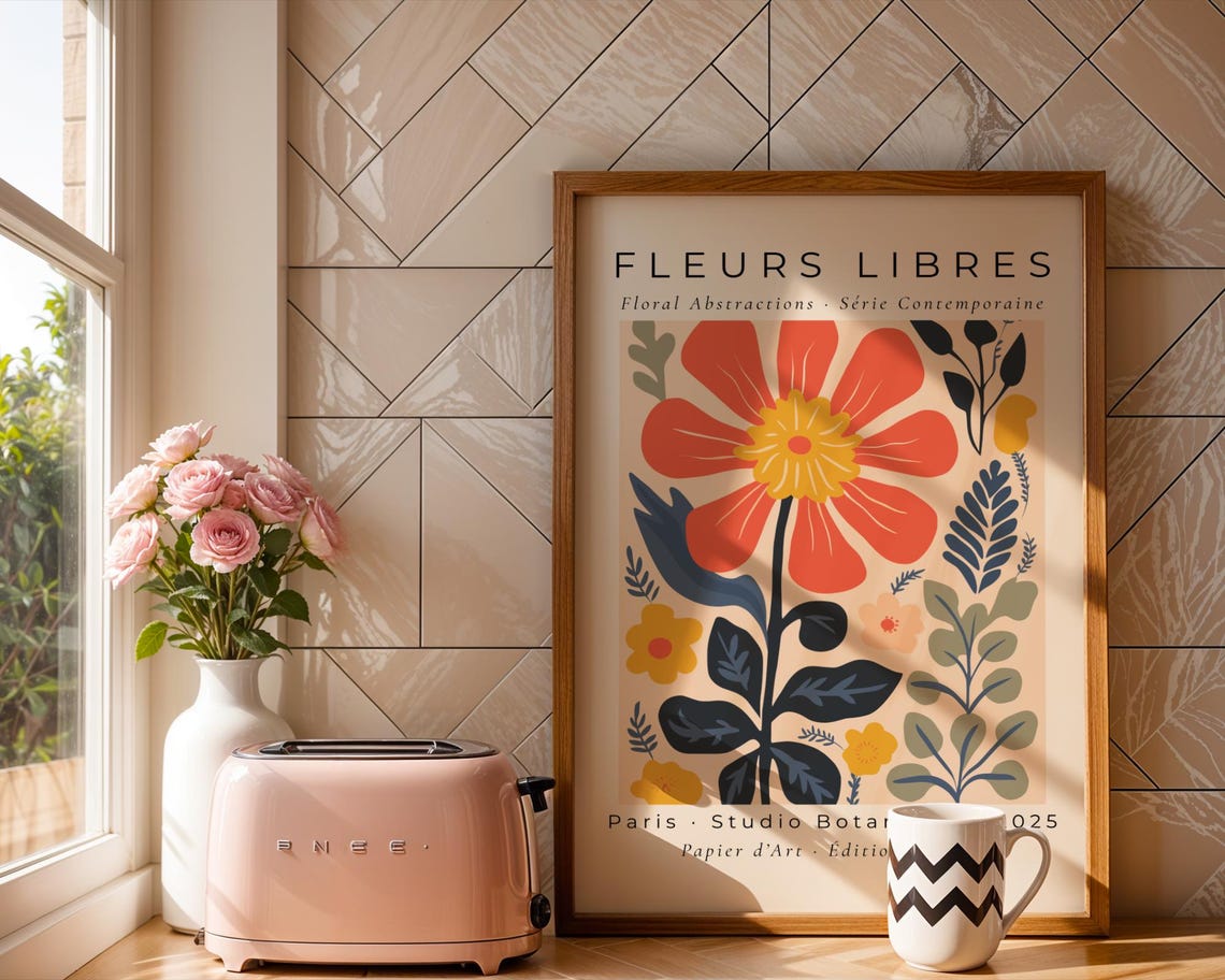 Fleurs Libres Coral Daisy Floral Abstraction Modern Art Poster